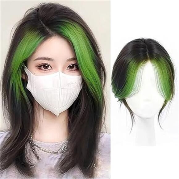 Long Hair Topper, Middle Part 3D French Bangs Topper Black with Green Highlight main image 2